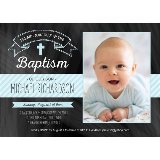 Blue Chalkboard Baptism Photo Invitations